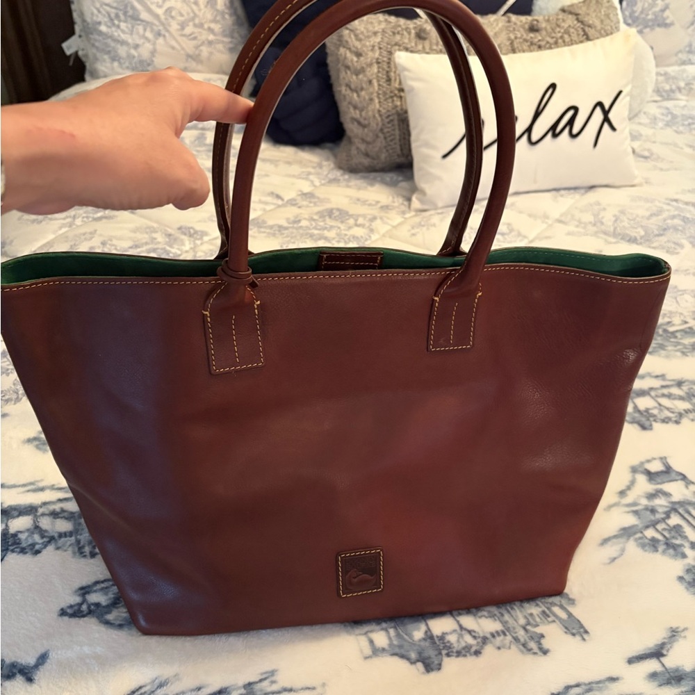 Authentic brown leather Dooney & Bourke tote with green suede and red interior